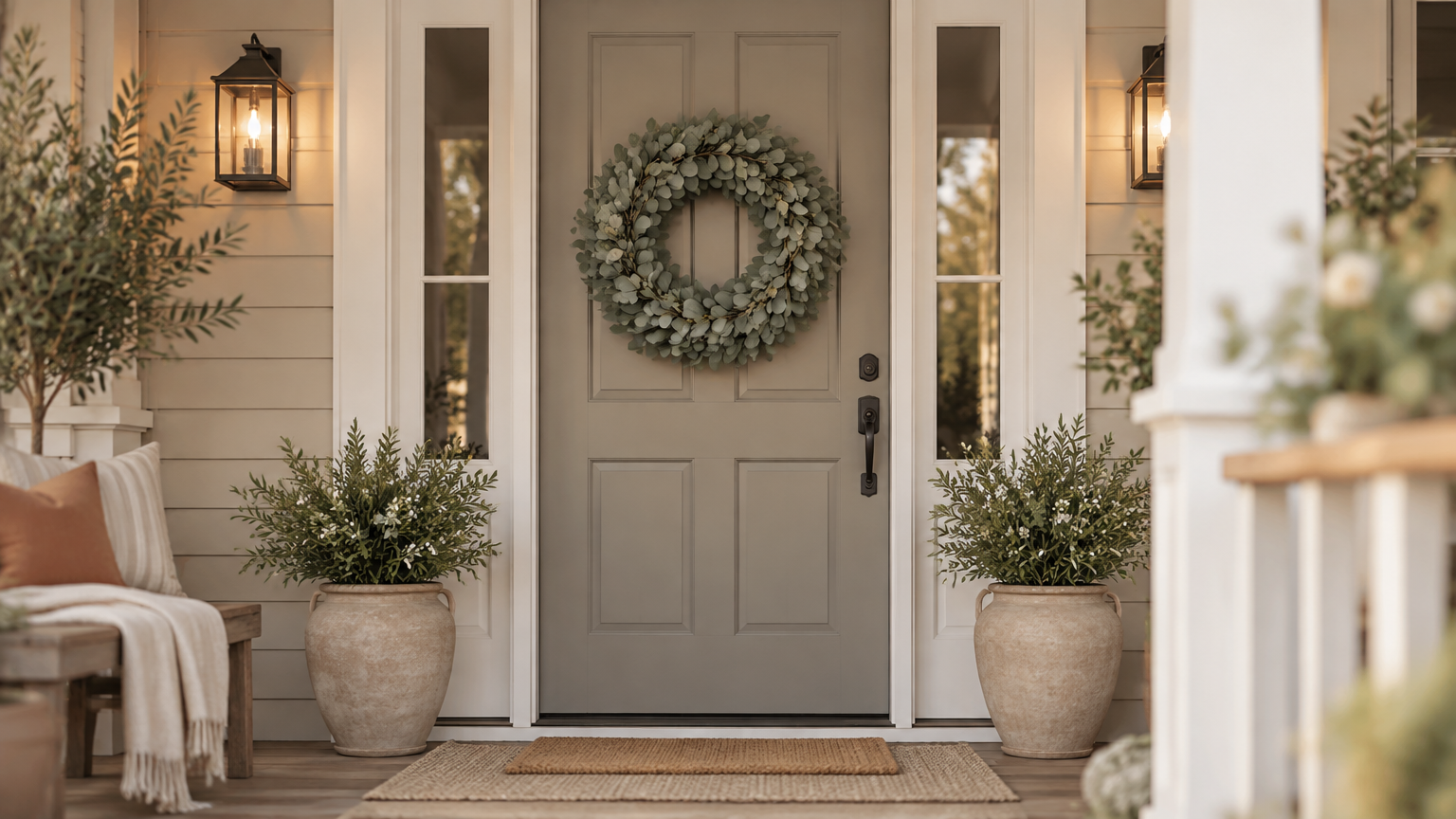 Artificial eucalyptus wreath on a front door showing wreath to door proportion