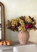 Close-up of bloom cluster detail on this Autumn Hydrangea, Peony and Magnolia Arrangement Design