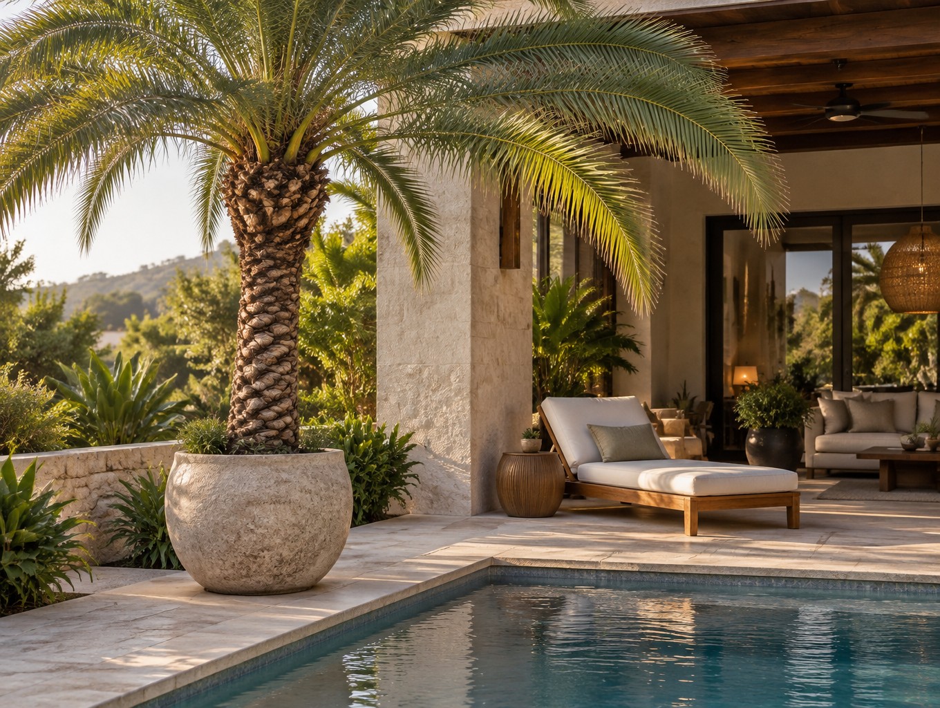 Tall phoenix date palm in a weighted stone planter beside a swimming pool on a covered patio