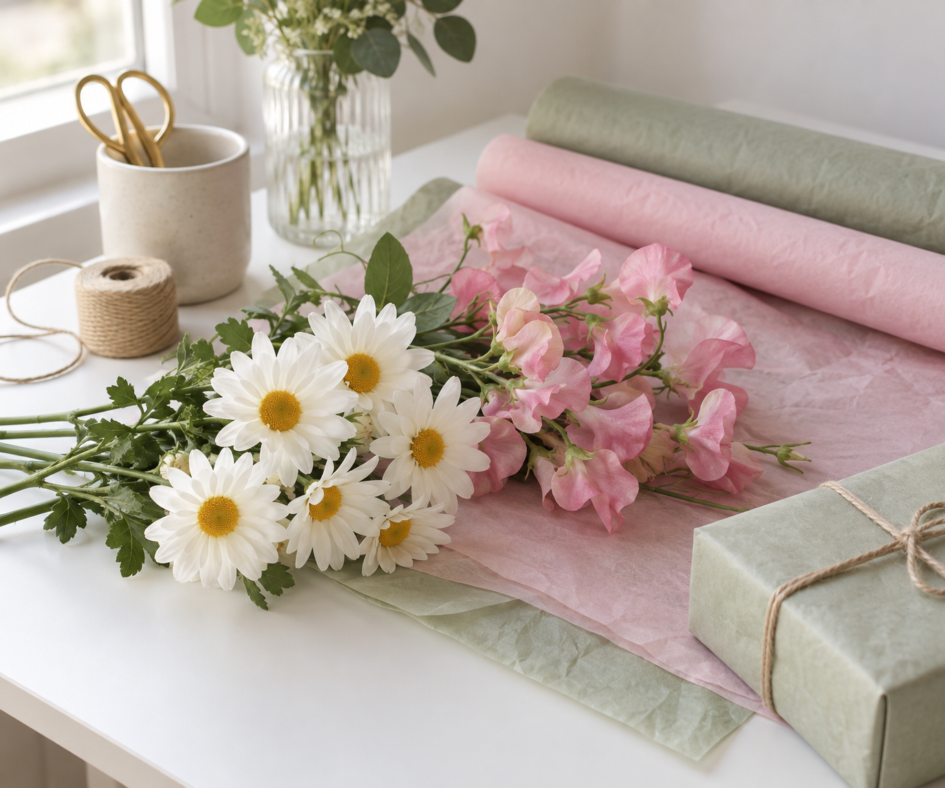 Flat lay of artificial daisies and sweet peas with pastel tissue for gifting