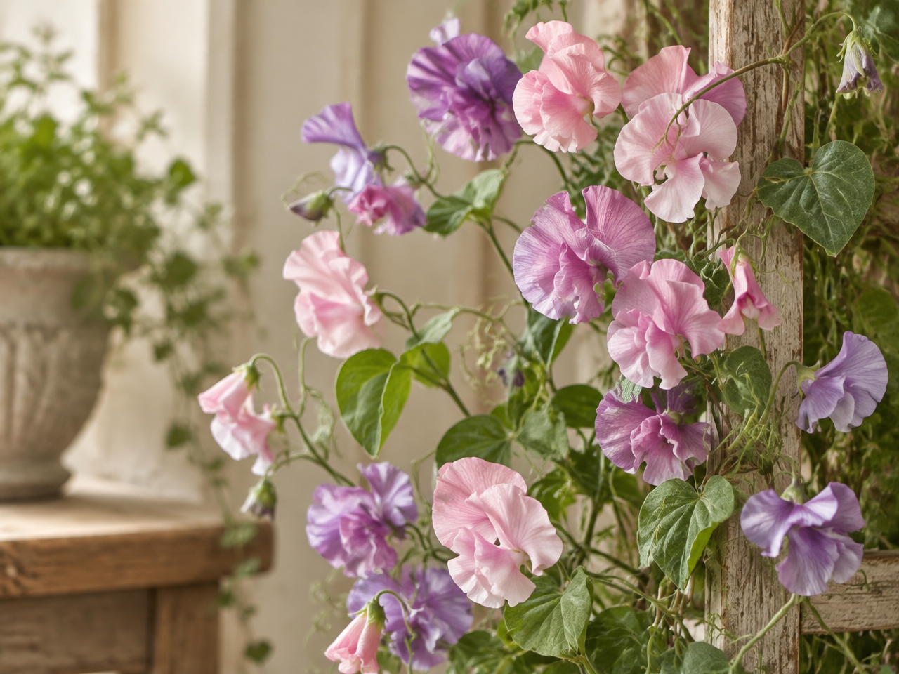 Pink and purple sweet pea blooms climbing on delicate vines, the secondary April birth flower