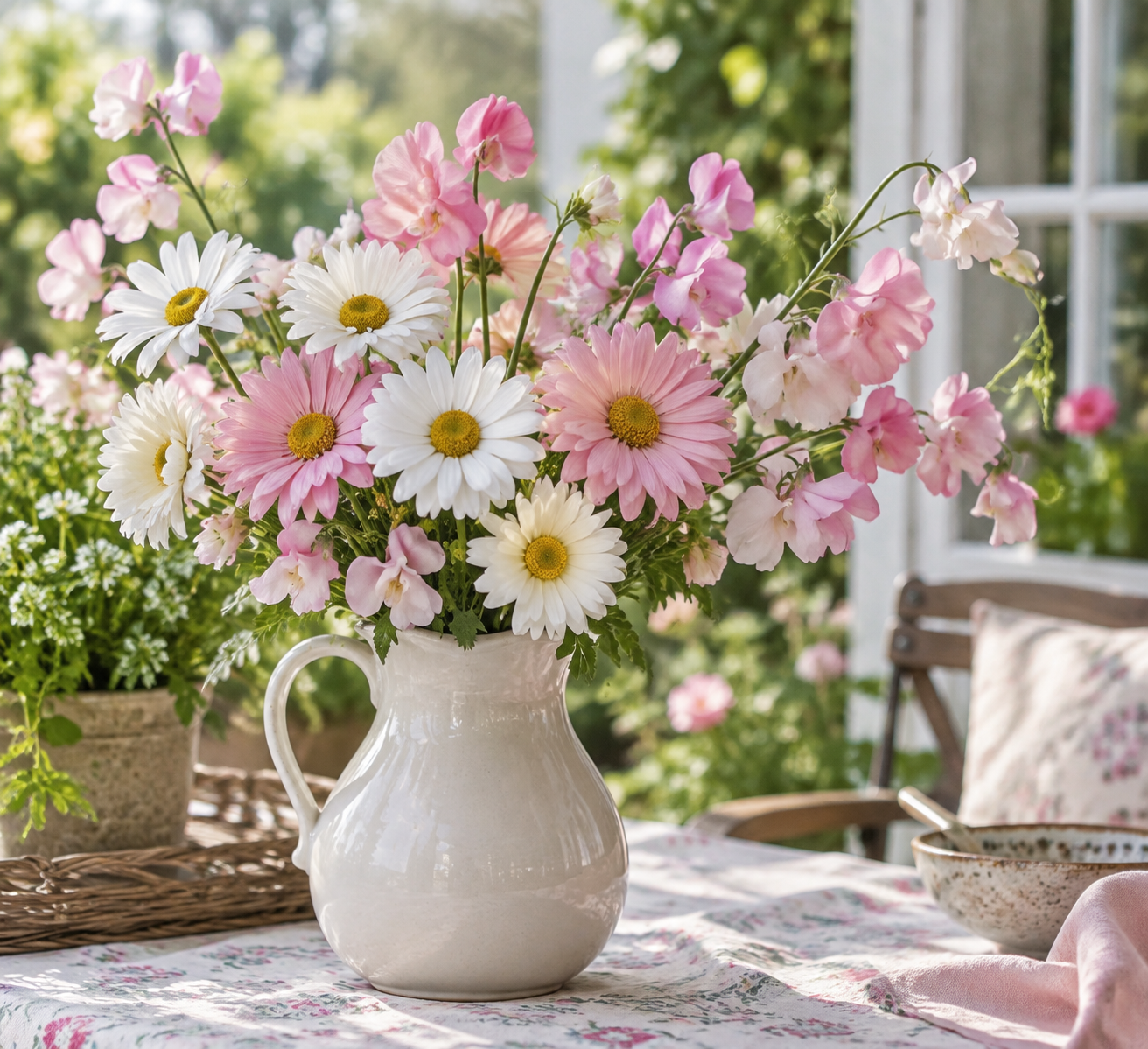 Artificial daisies and pink sweet peas on a spring table