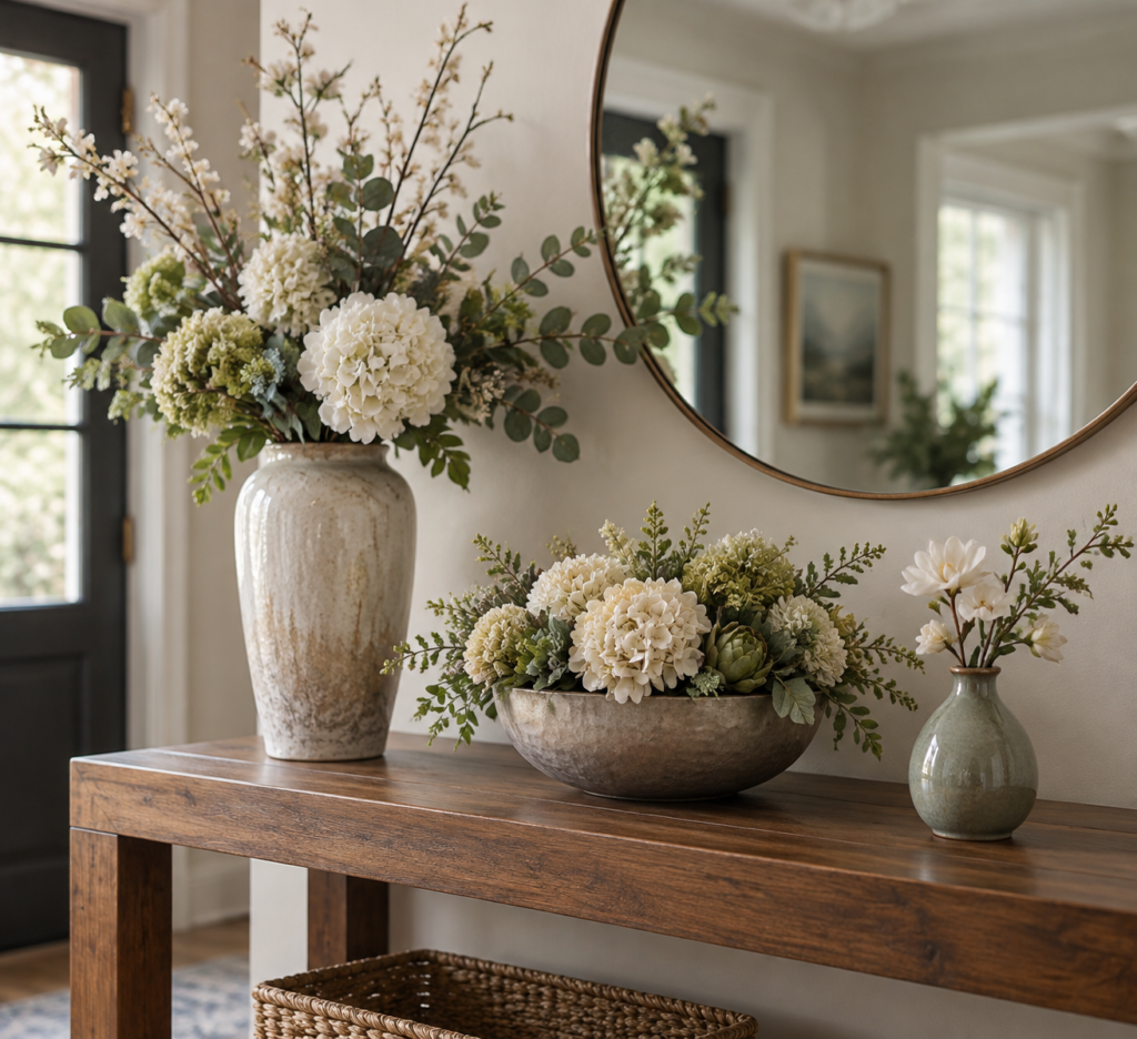 Three artificial flower arrangements in different vases on a console