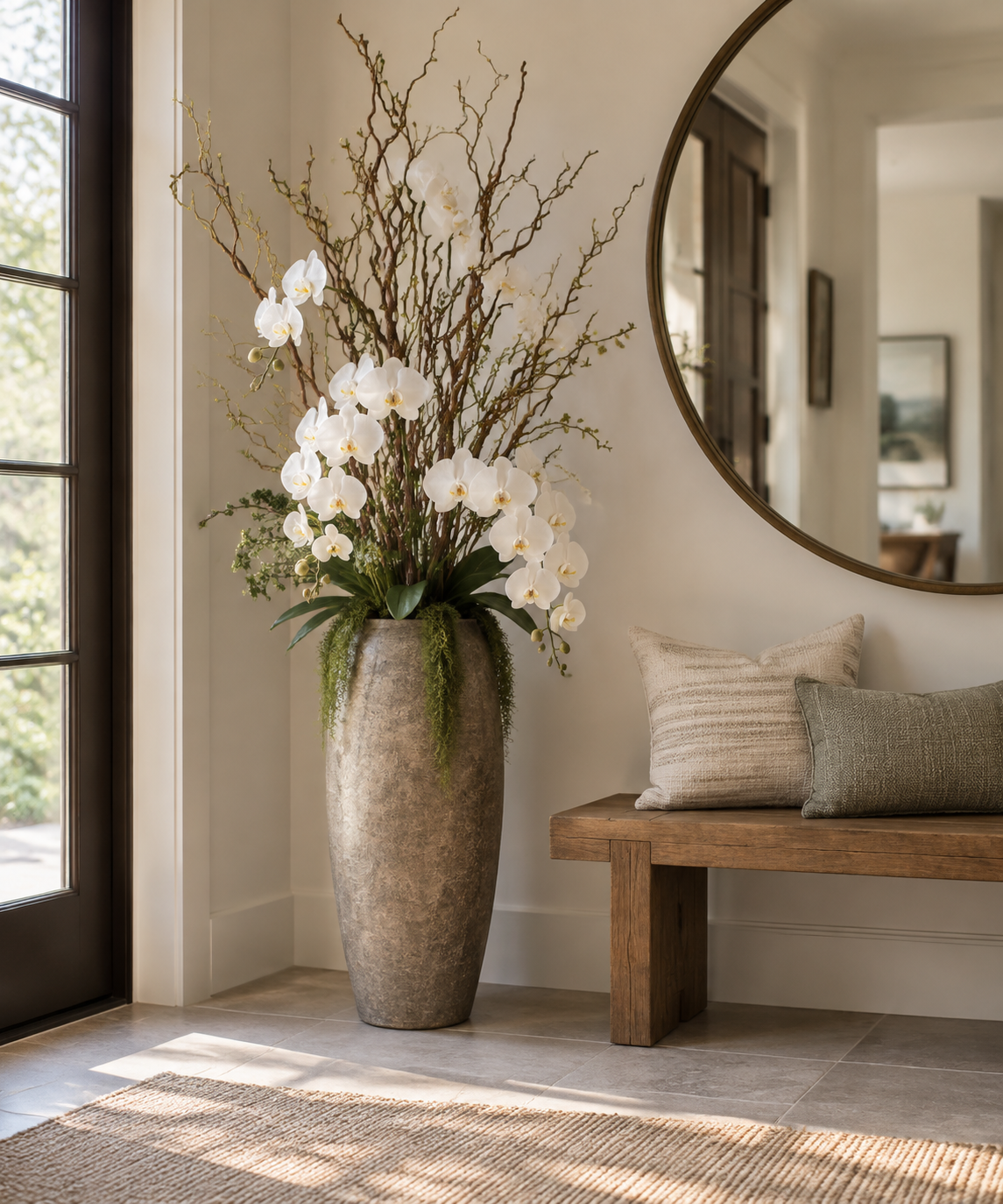 Tall artificial orchid arrangement in a floor vase by an entry mirror