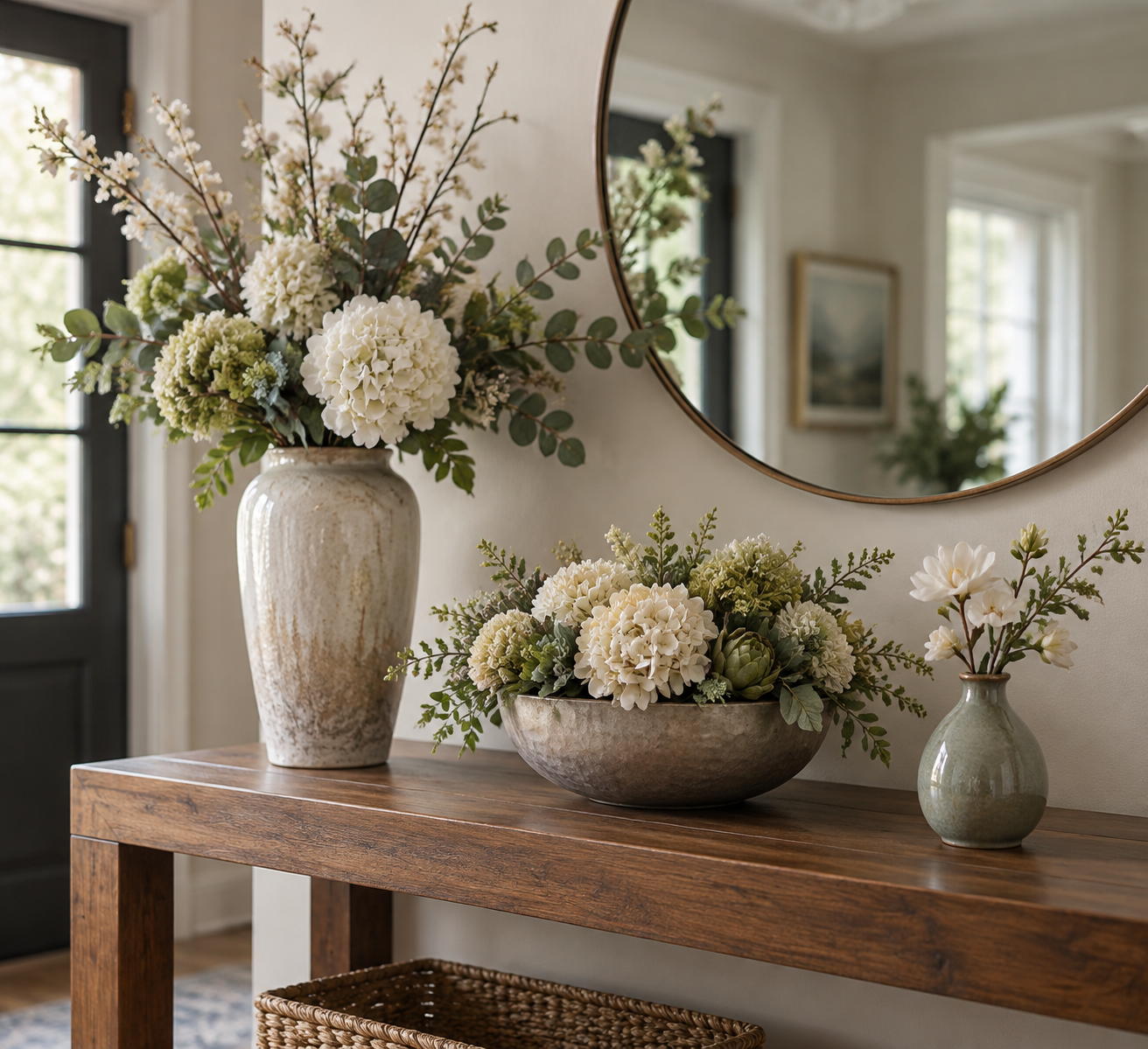 Three artificial flower arrangements in different vases on a console