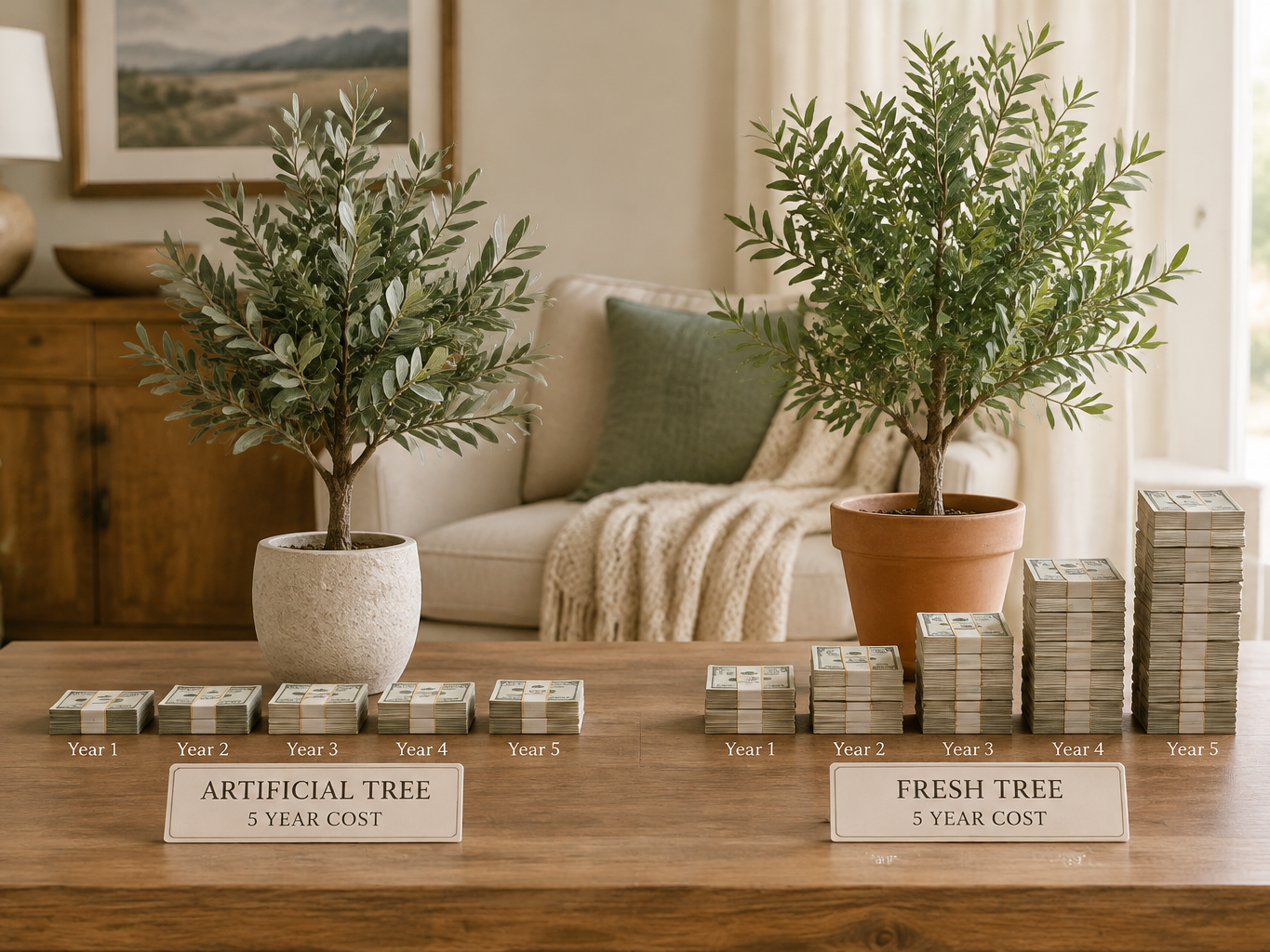Five-year cost comparison stacks of cash beside a small artificial tree and a fresh tree