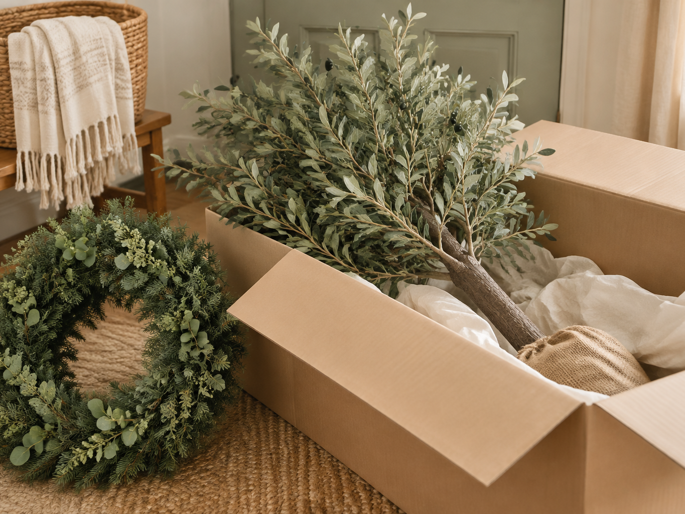 Artificial tree being boxed for storage in January with a wreath beside it