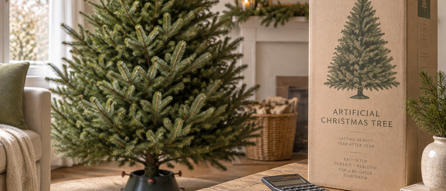 A fresh-cut Christmas tree with a stand beside a boxed artificial tree and calculator on a table