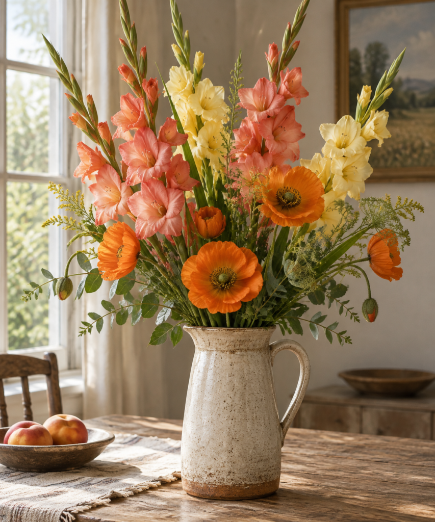 Artificial coral gladiolus and orange poppies in a stoneware jug