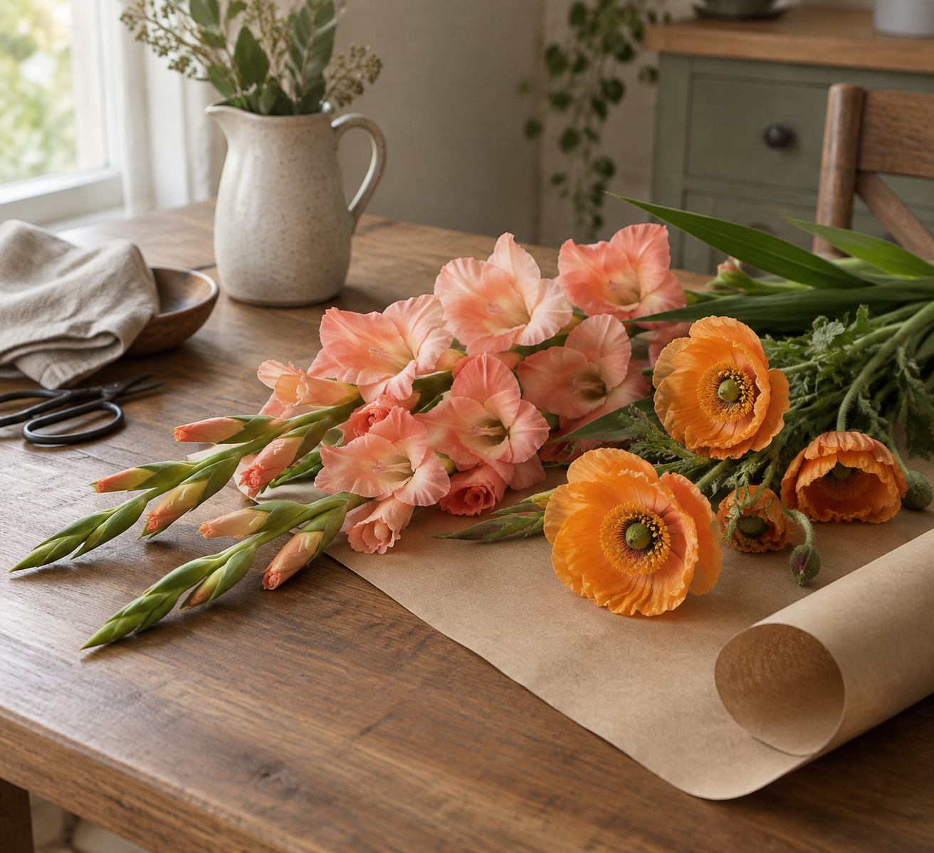 Artificial gladiolus and poppy stems with kraft wrap on a table