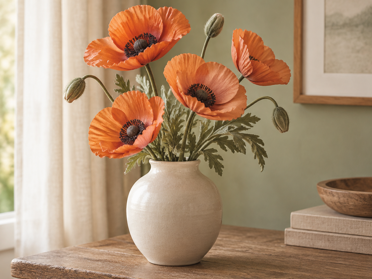 Orange poppies with dark centers in a plain ceramic vase, the secondary August birth flower
