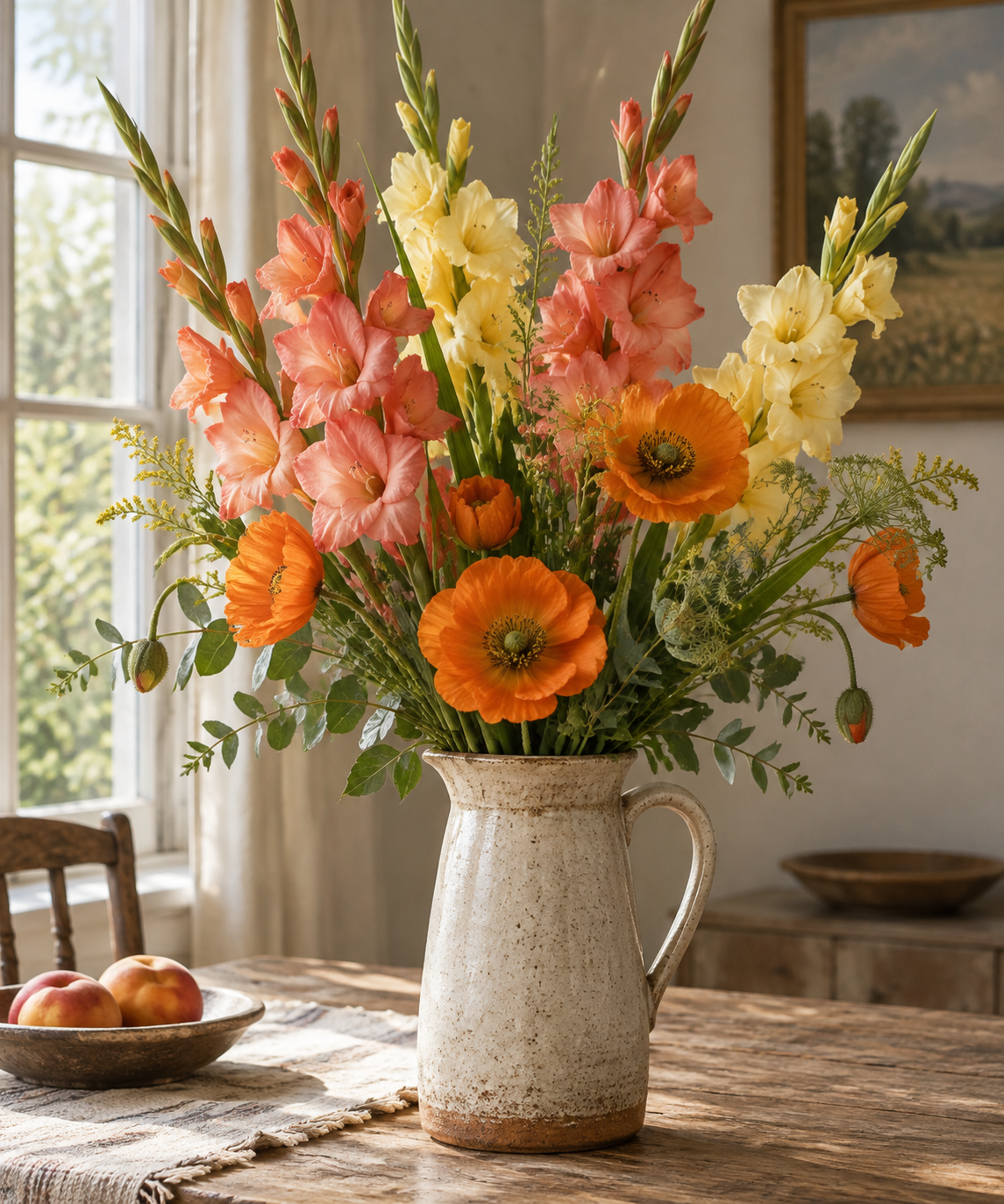 Artificial coral gladiolus and orange poppies in a stoneware jug