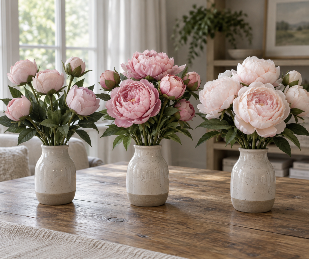 Artificial peony stems in three quality tiers in matching vases