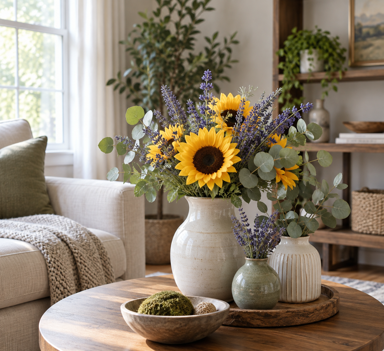 Living room corner with artificial lavender, sunflowers and eucalyptus