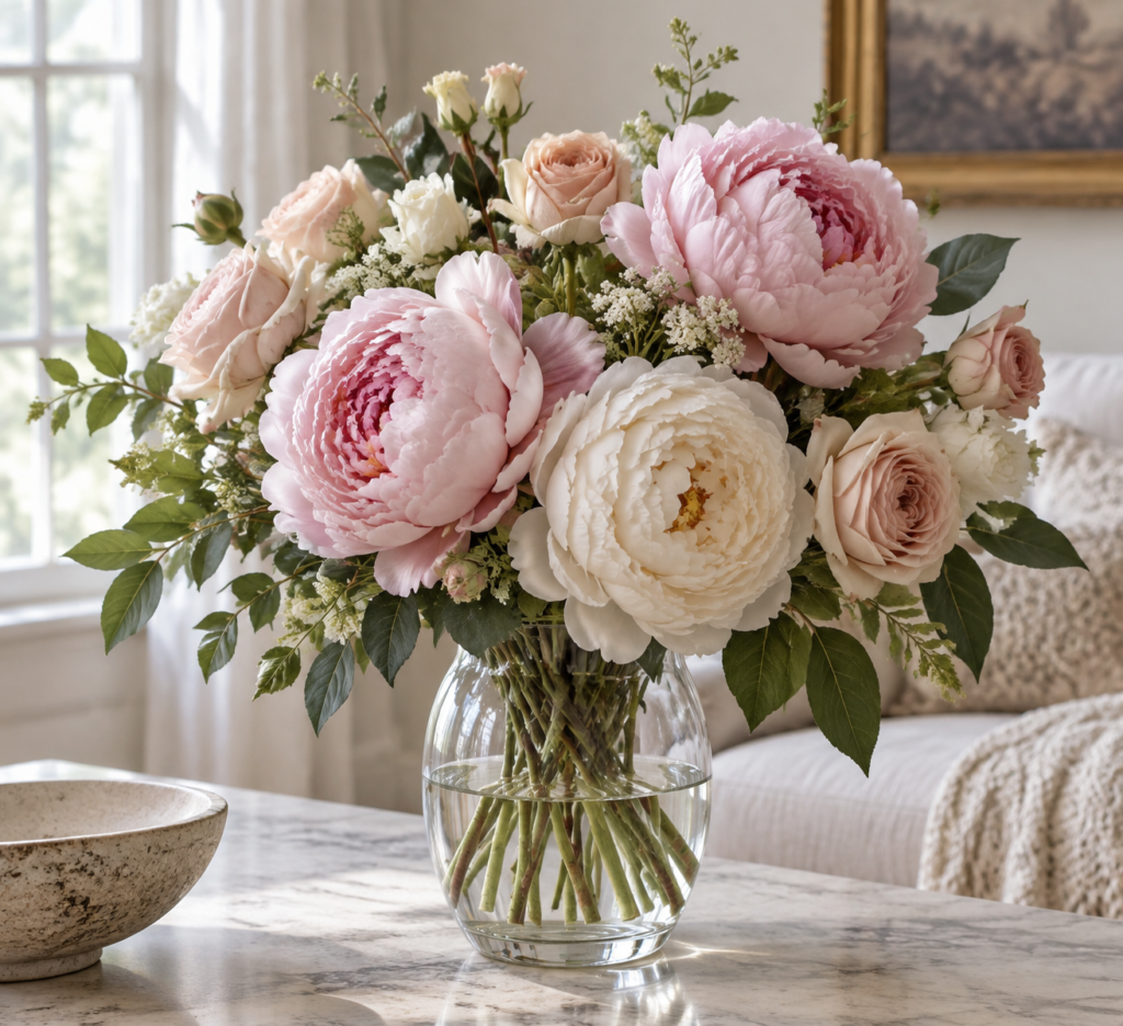Realistic artificial silk peonies and garden roses in a glass vase