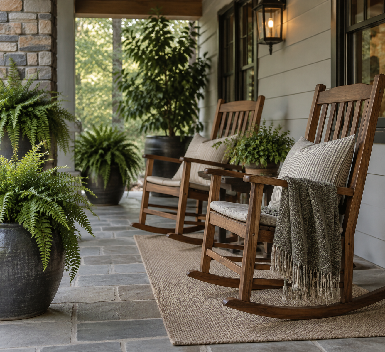 Artificial ferns in shaded pots on a covered porch