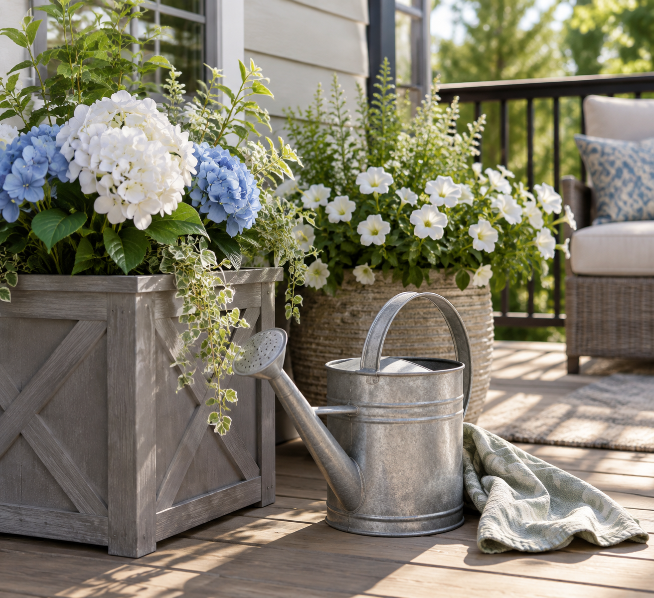 Watering can beside outdoor artificial flowers in deck planters
