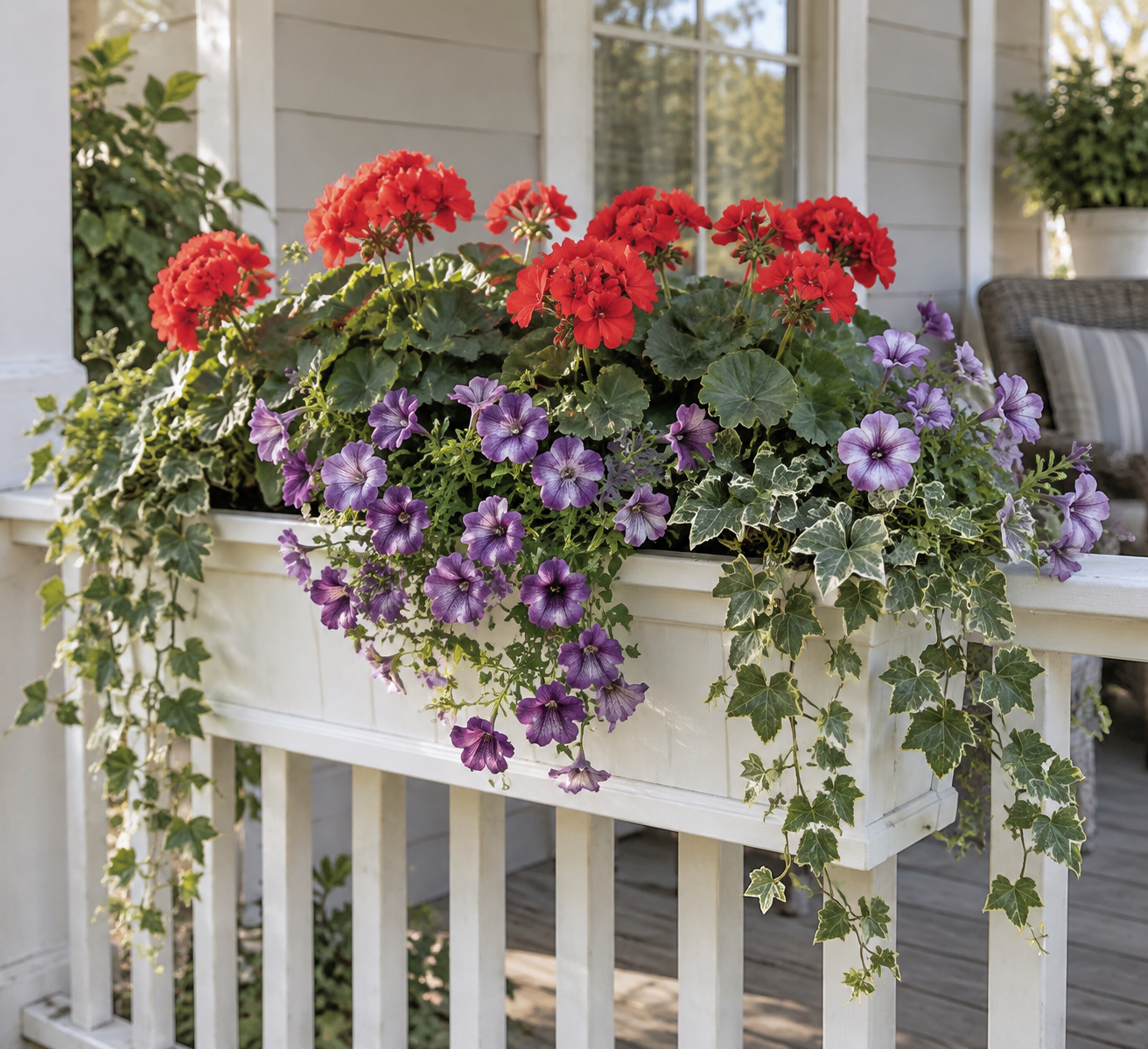 Artificial geraniums and petunias in a sunny porch window box