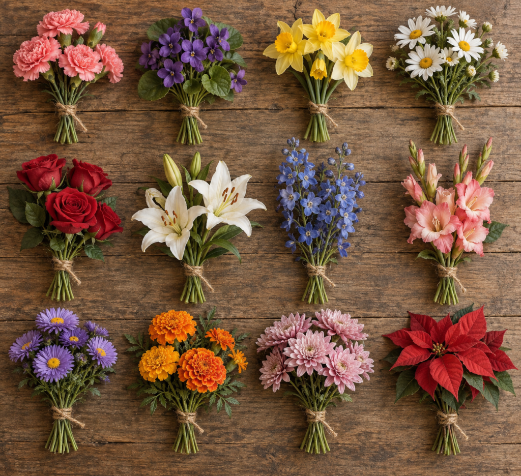 Twelve artificial birth month flower bunches from carnation to poinsettia