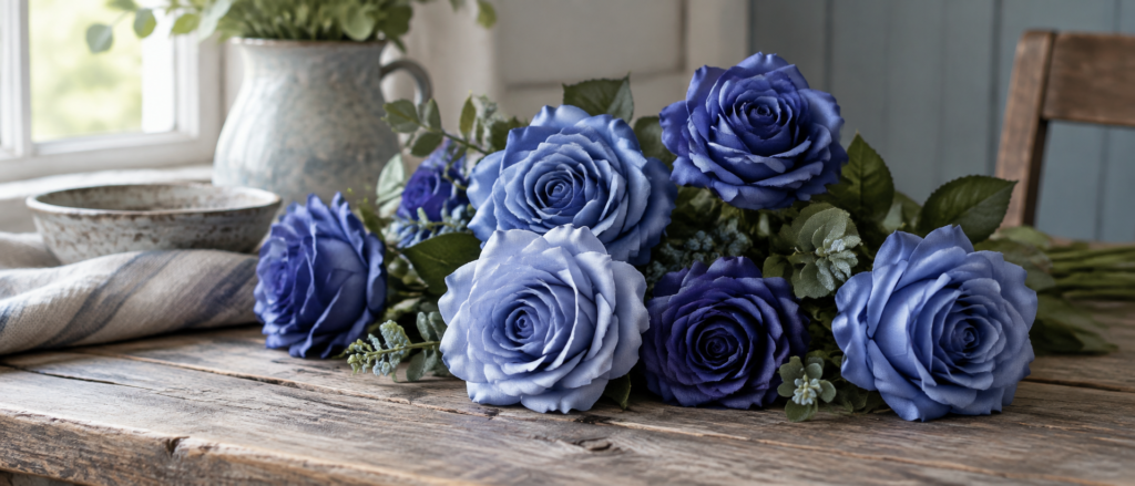Artificial blue silk roses in three shades from periwinkle to deep blue on a wooden table