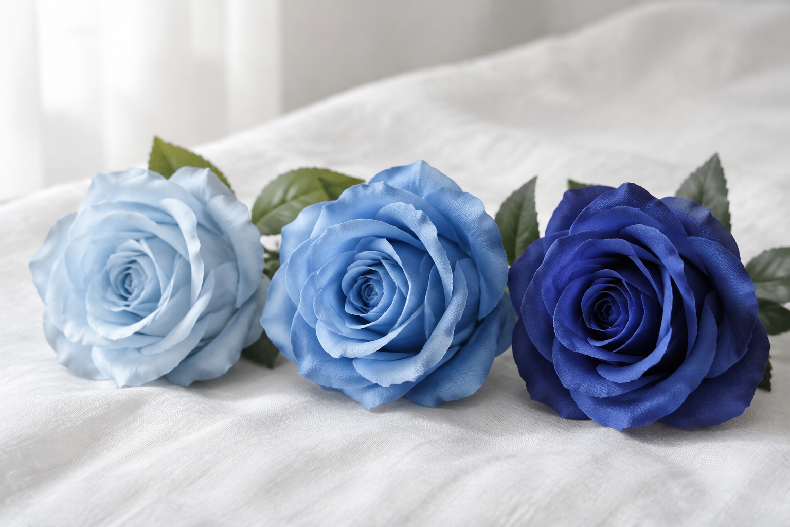 Light blue, sky blue and deep violet artificial silk roses in a row on white linen