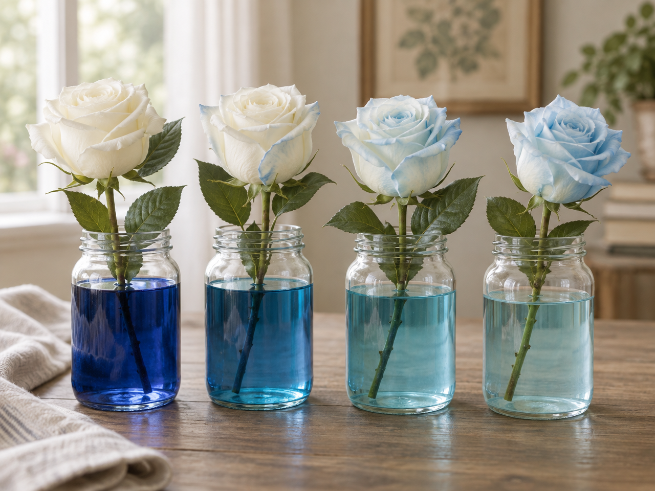 White roses standing in glass jars of blue dye slowly turning pale blue, how blue roses are made