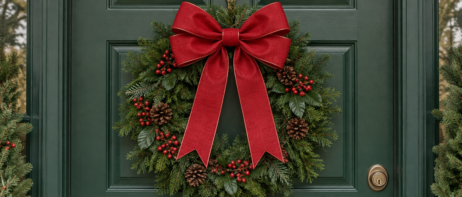 Red wired ribbon Christmas bow with two loops and long tails held over a pine wreath