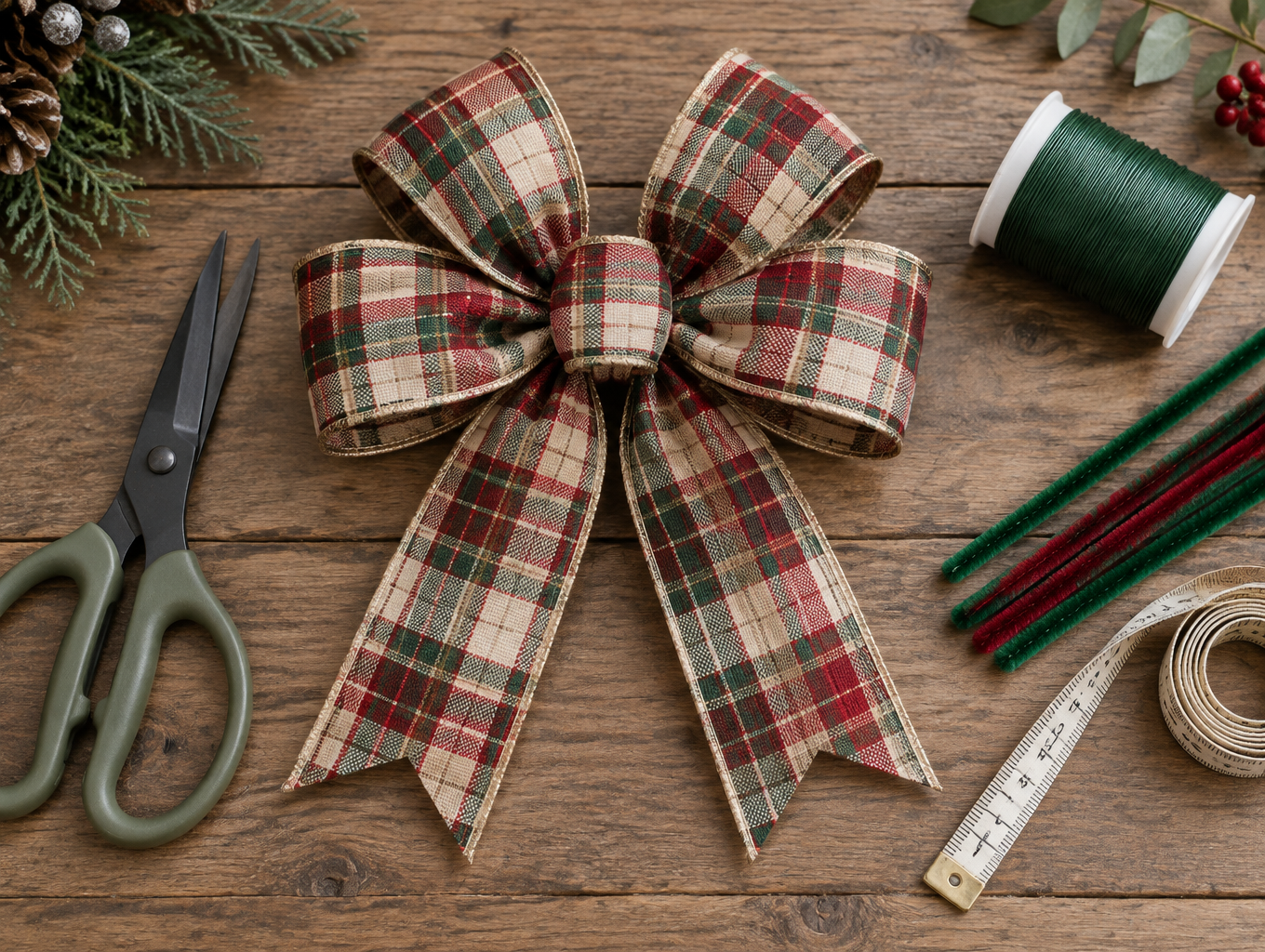 Five-loop deluxe bow in plaid wired ribbon on a craft table with scissors and floral wire