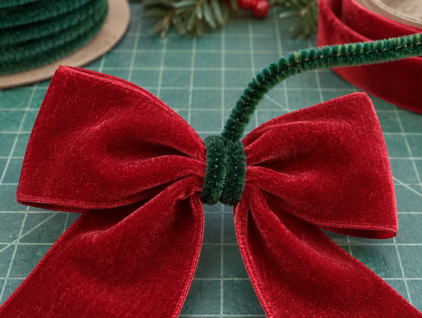 Hands tying a chenille stem around the center of a folded ribbon bow