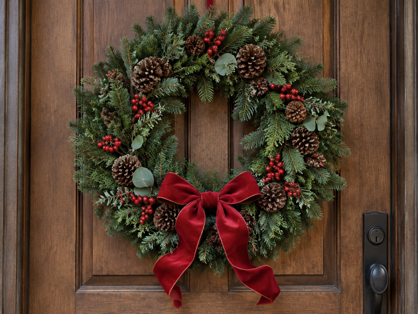 Finished Christmas wreath with velvet bow attached at the bottom third