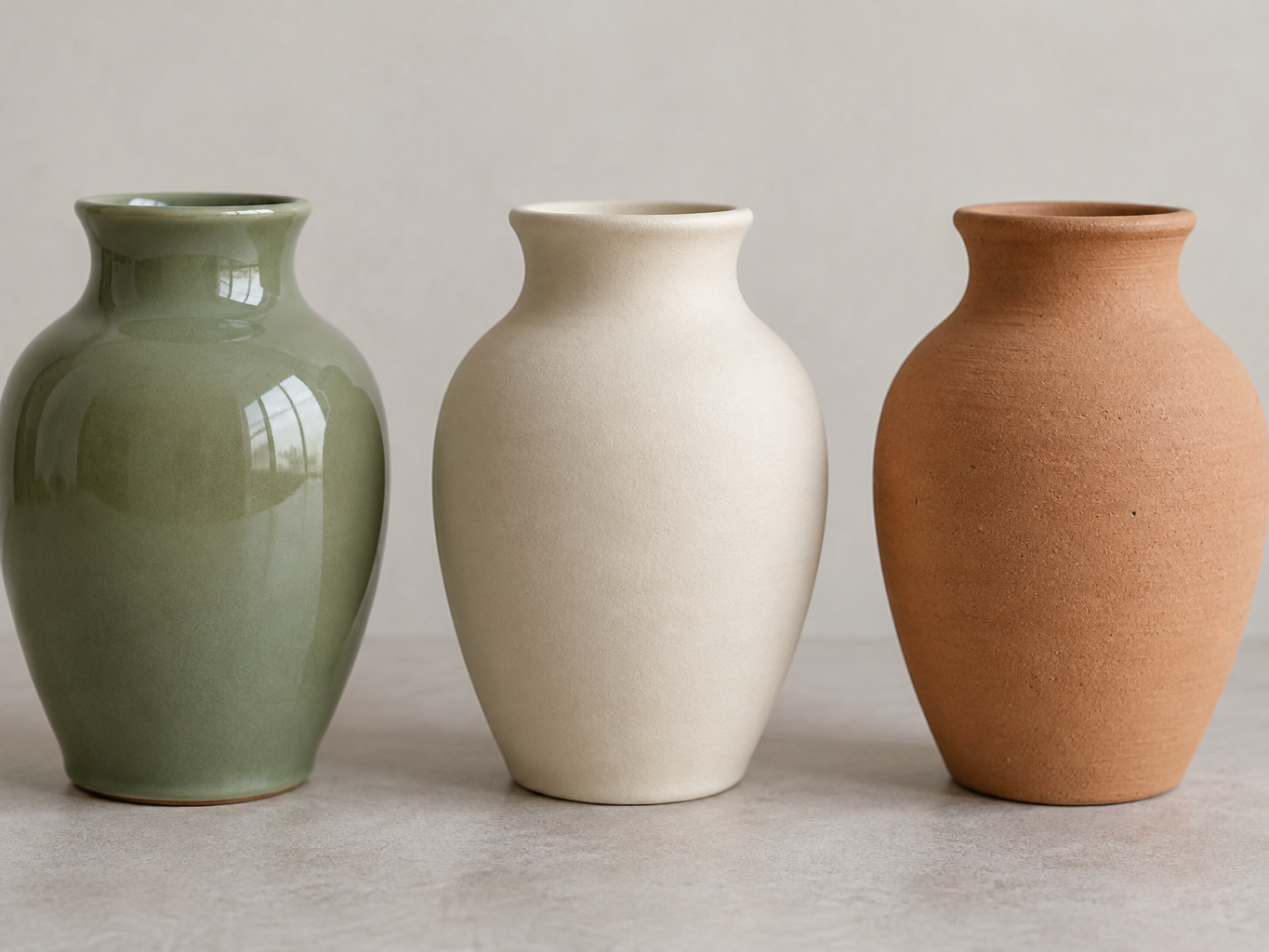 Three ceramic vases side by side: a glossy glazed vase, a matte vase with sealed interior, and a raw unglazed terracotta vase