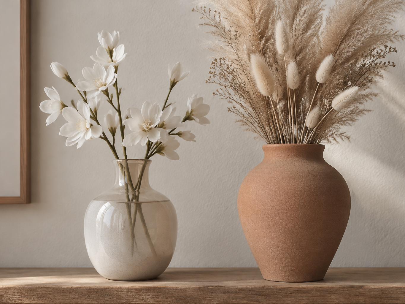 A clear resin faux water finish holding artificial stems in a ceramic vase beside a dry-display ceramic vase with faux greenery
