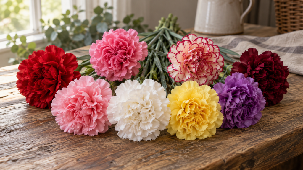Artificial silk carnations in eight colors fanned across a wooden table