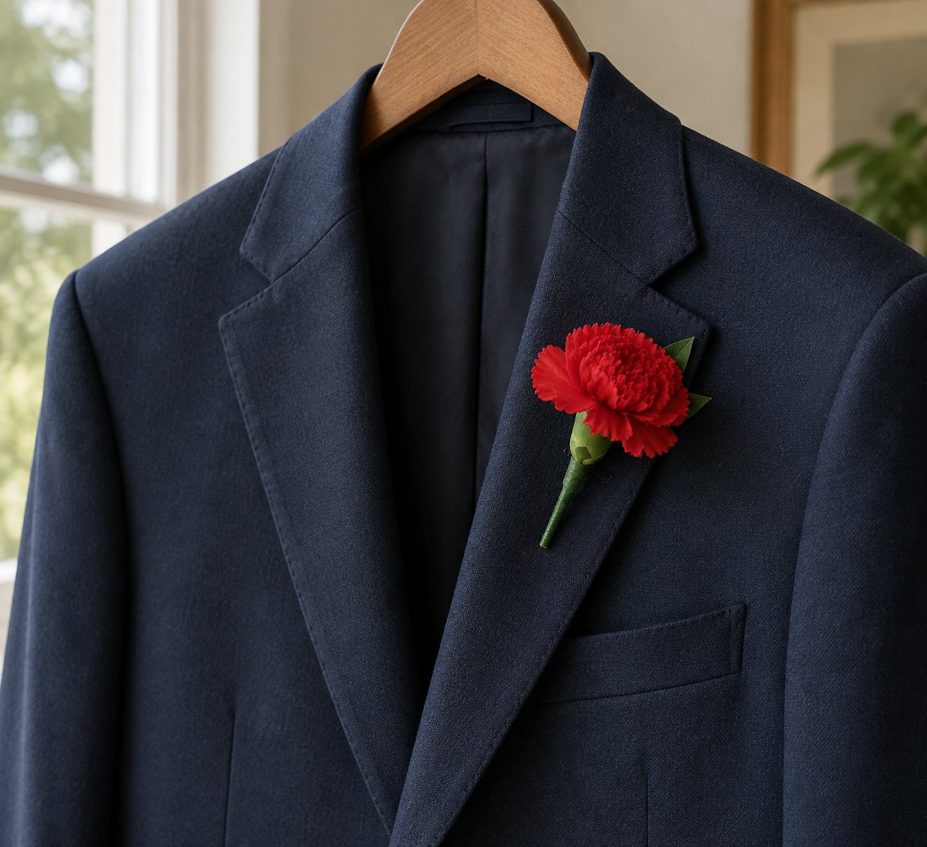 Artificial red silk carnation boutonniere pinned to a navy blazer lapel on a hanger
