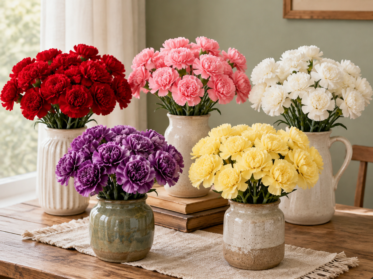 Artificial carnations in deep red, pink, white, purple and yellow arranged color by color