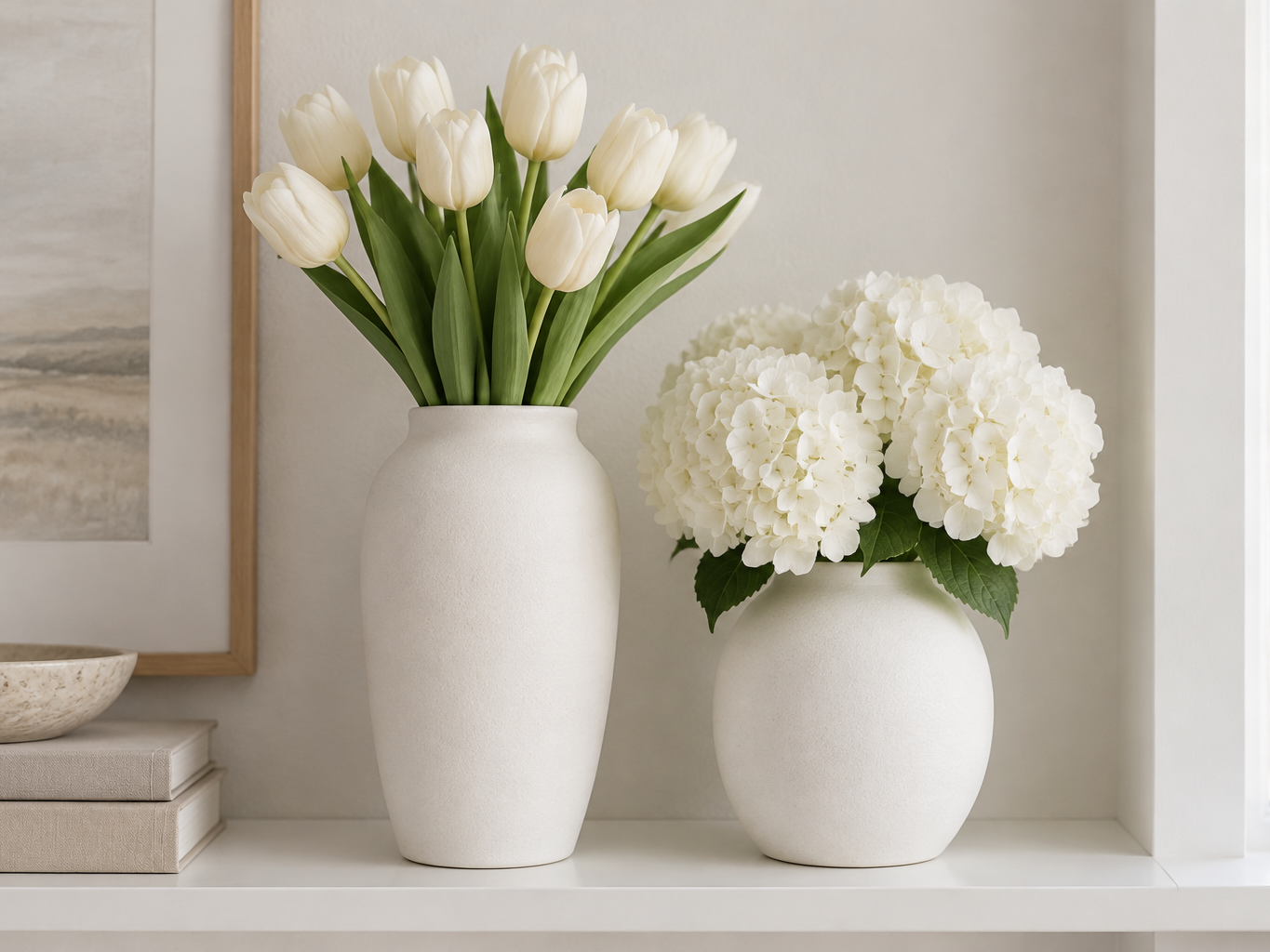 Two white matte ceramic vases holding cream artificial tulips and white hydrangeas on a bright minimal shelf