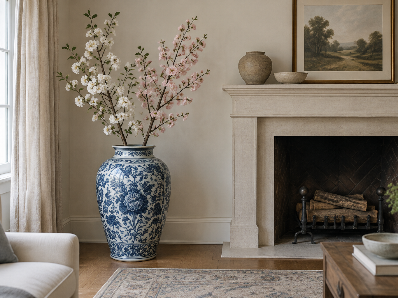 A large blue and white patterned ceramic floor jar holding artificial blossom branches beside a fireplace