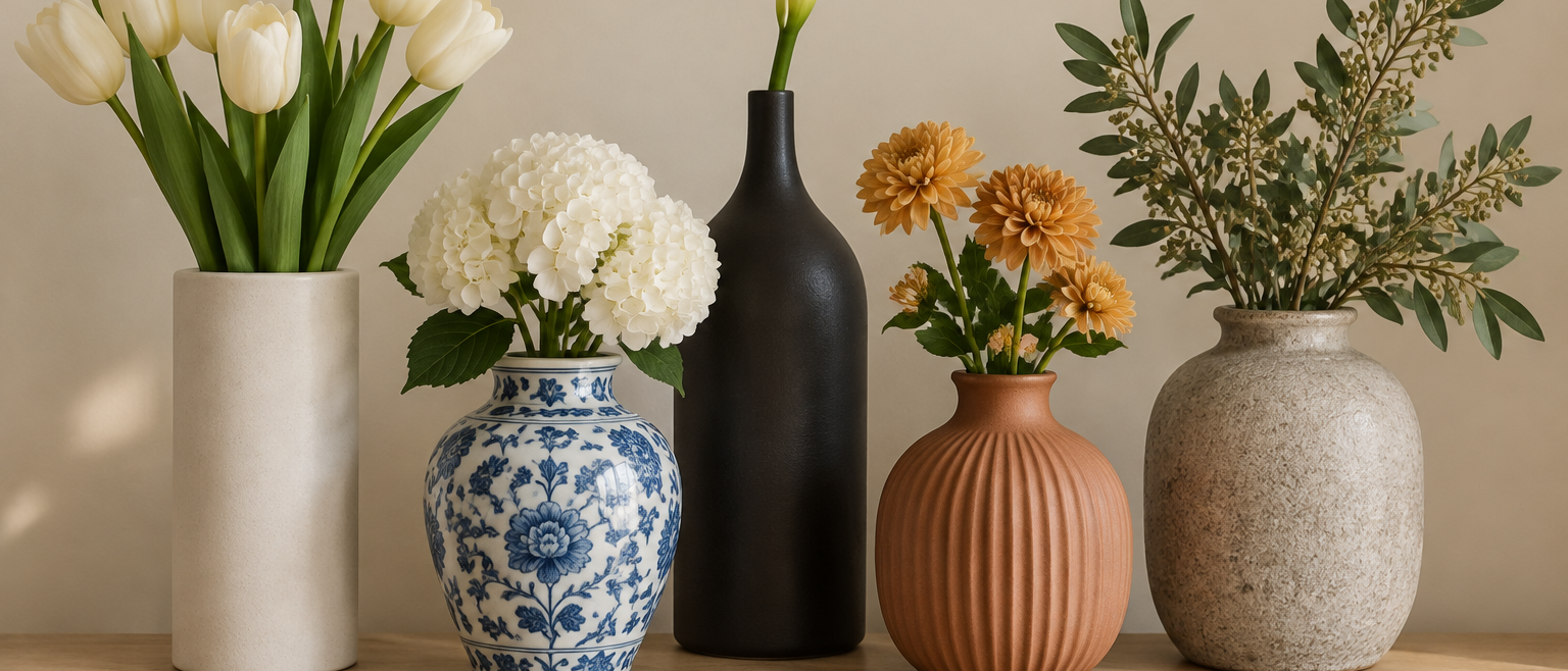 Five ceramic vases in white matte, blue-and-white glaze, black, terracotta and speckled gray holding cream and blush artificial flowers on a wood console