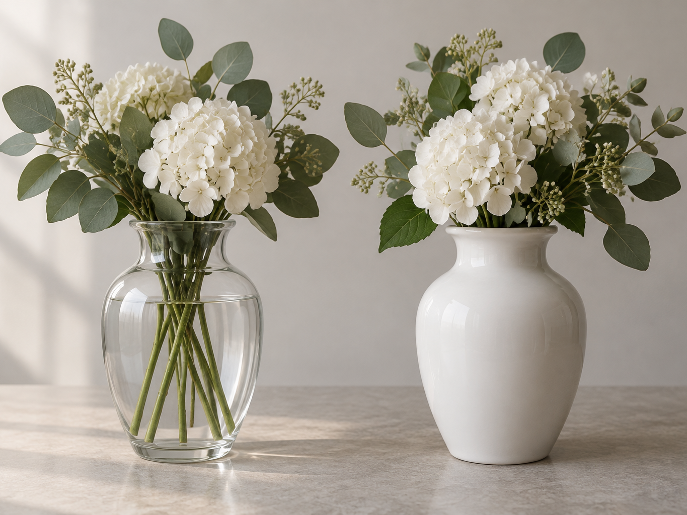 Visible artificial stems inside a clear glass vase beside an opaque white ceramic vase hiding its stems