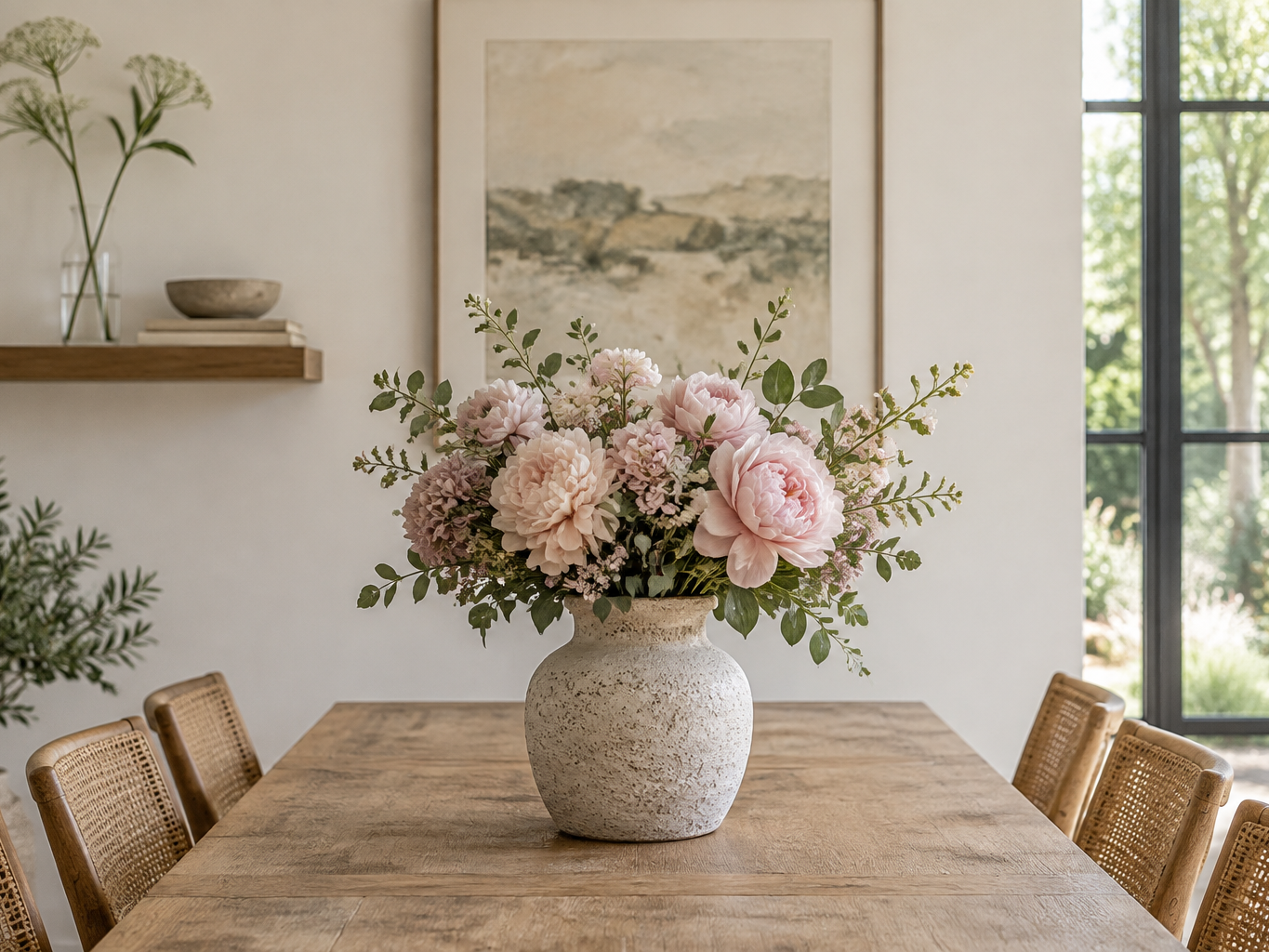 A tall glass vase on a high shelf beside a heavy textured ceramic vase anchoring a dining table