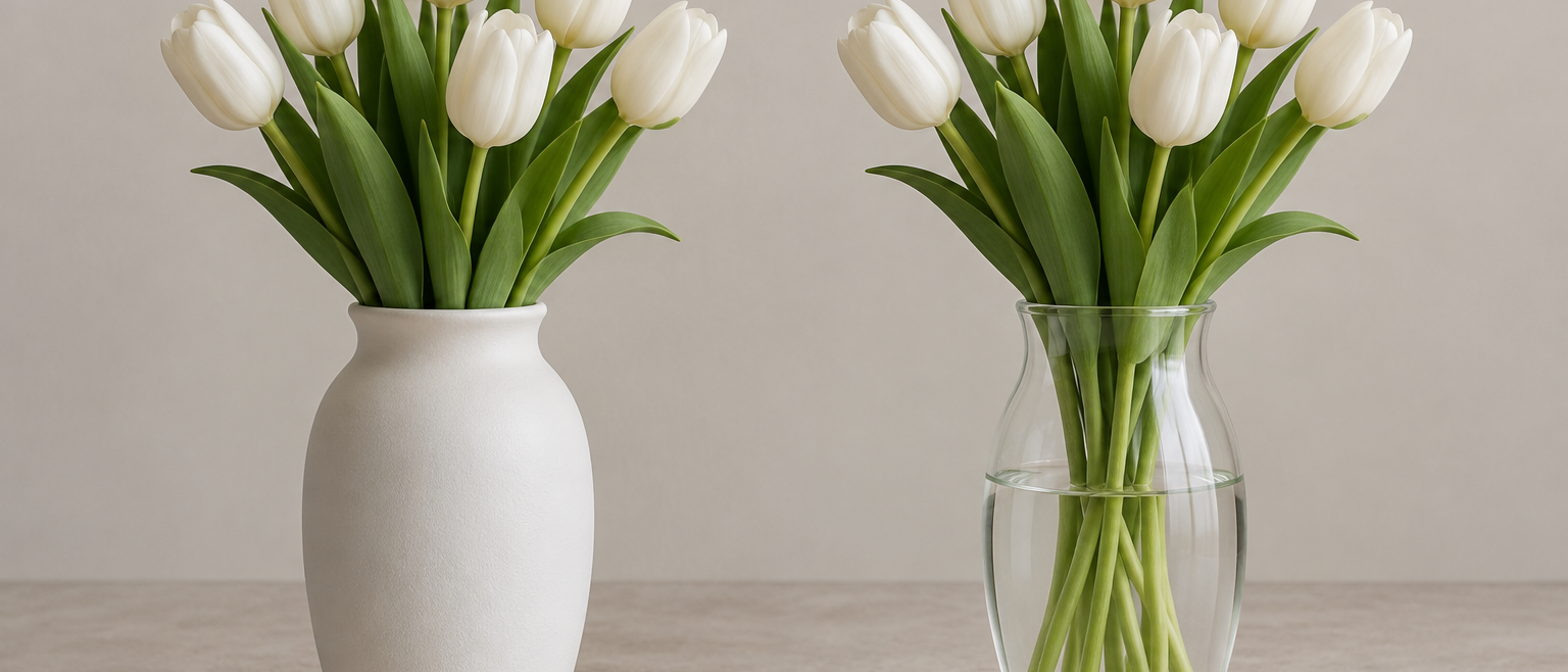 A ceramic vase and a clear glass vase side by side on a table, each holding the same white artificial tulips at the same height