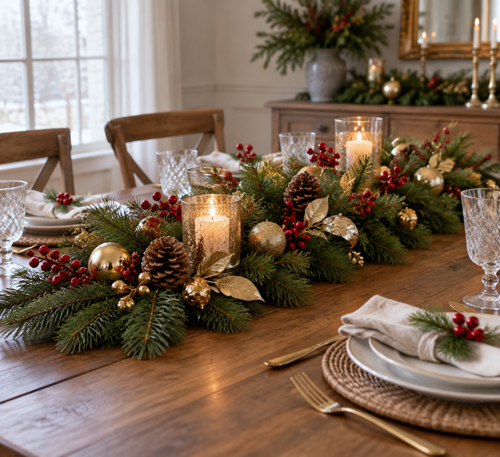 Artificial pine and berry centerpiece on a wooden dining table