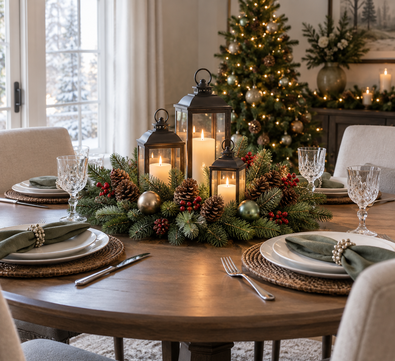 Round artificial Christmas centerpiece with lanterns on a set table