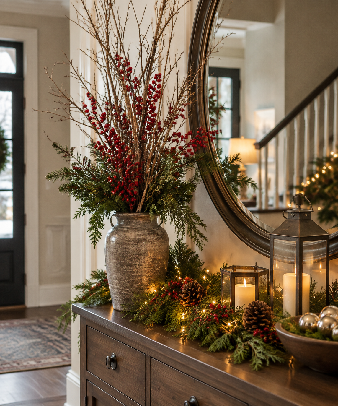 Tall artificial Christmas arrangement with berries on a sideboard