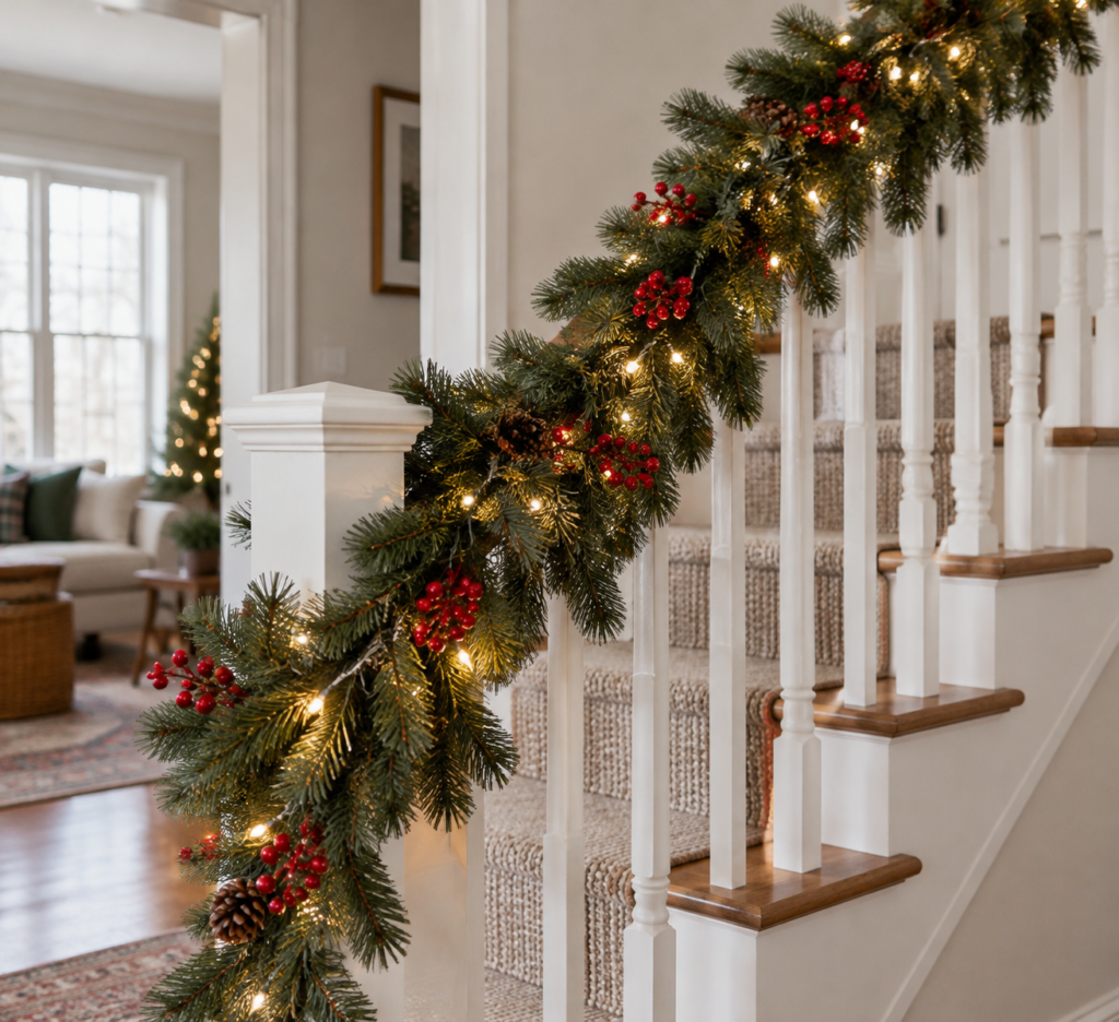 Artificial pine garland with berries on a staircase handrail
