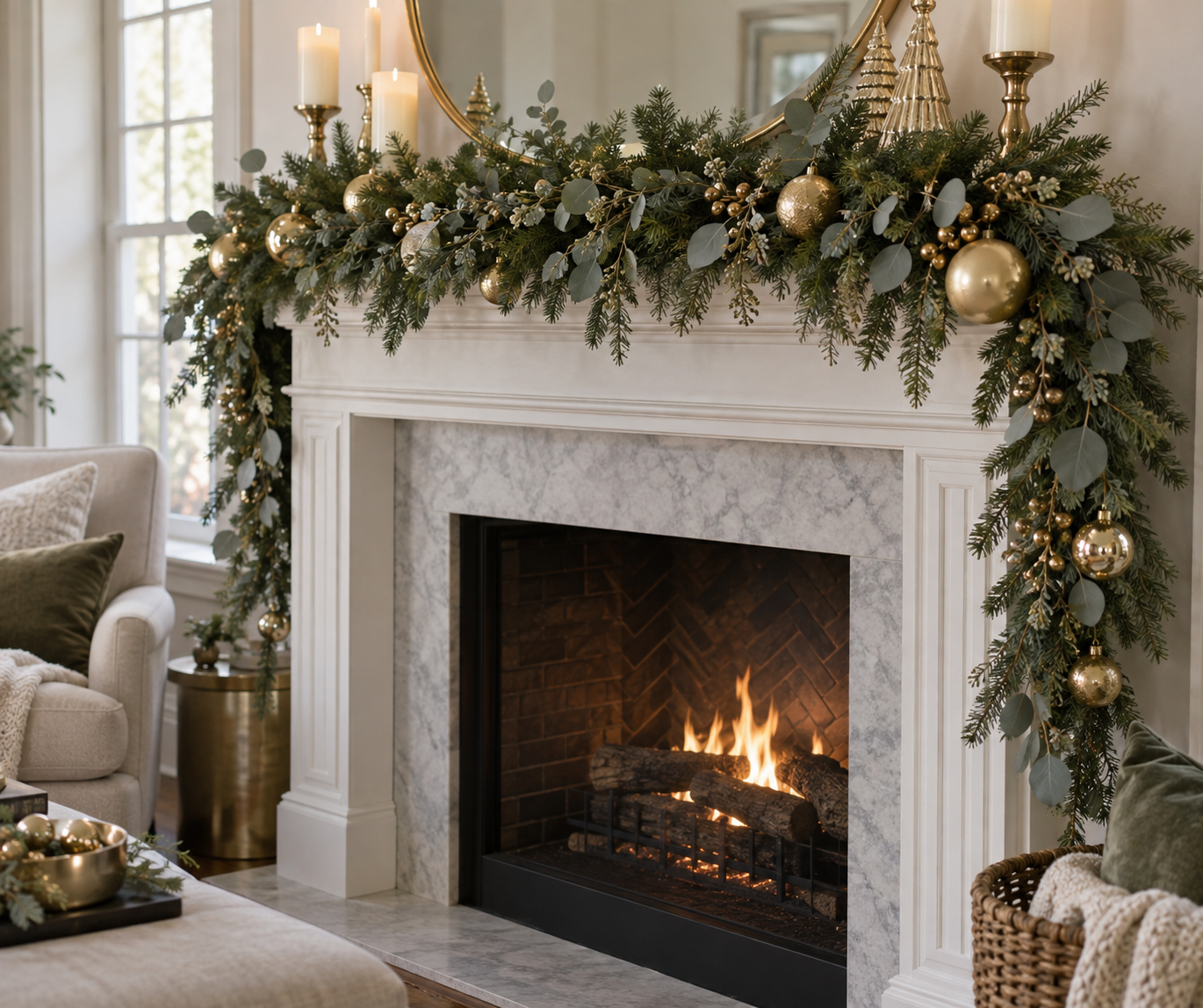 Layered fir and eucalyptus garland with gold ornaments on a mantel