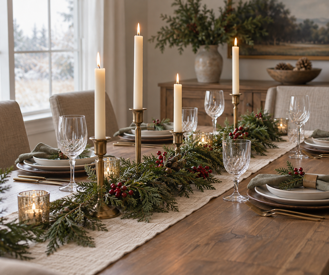 Cedar and berry garland runner with candles on a set table
