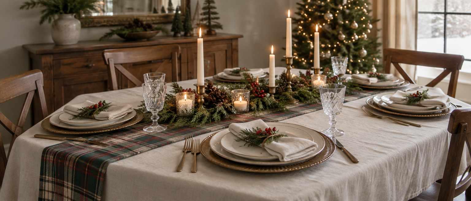 Complete Christmas table setting with linen, garland runner, centerpiece and place settings