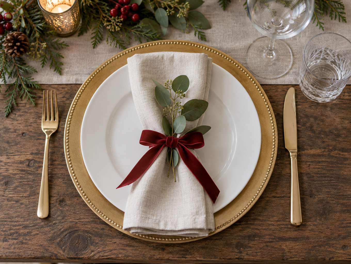 Overhead view of a formal Christmas place setting with charger, napkin and greenery sprig