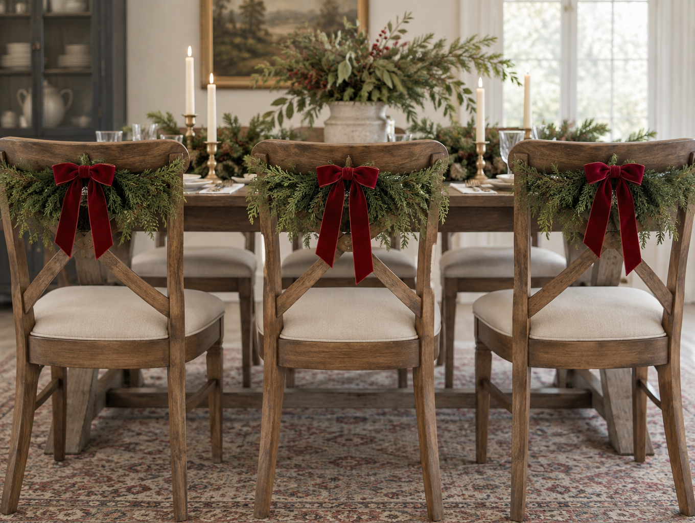 Chair backs decorated with small artificial garland pieces and ribbon ties